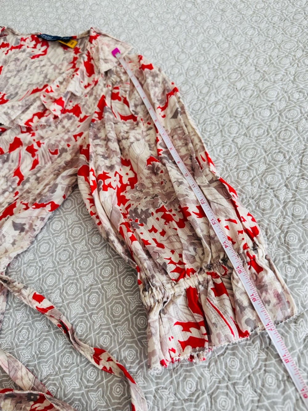 POLO RALPH LAUREN Evee Ruffled Floral Cotton Voile Wrap Top Red Gray Size S - Picture 11 of 14